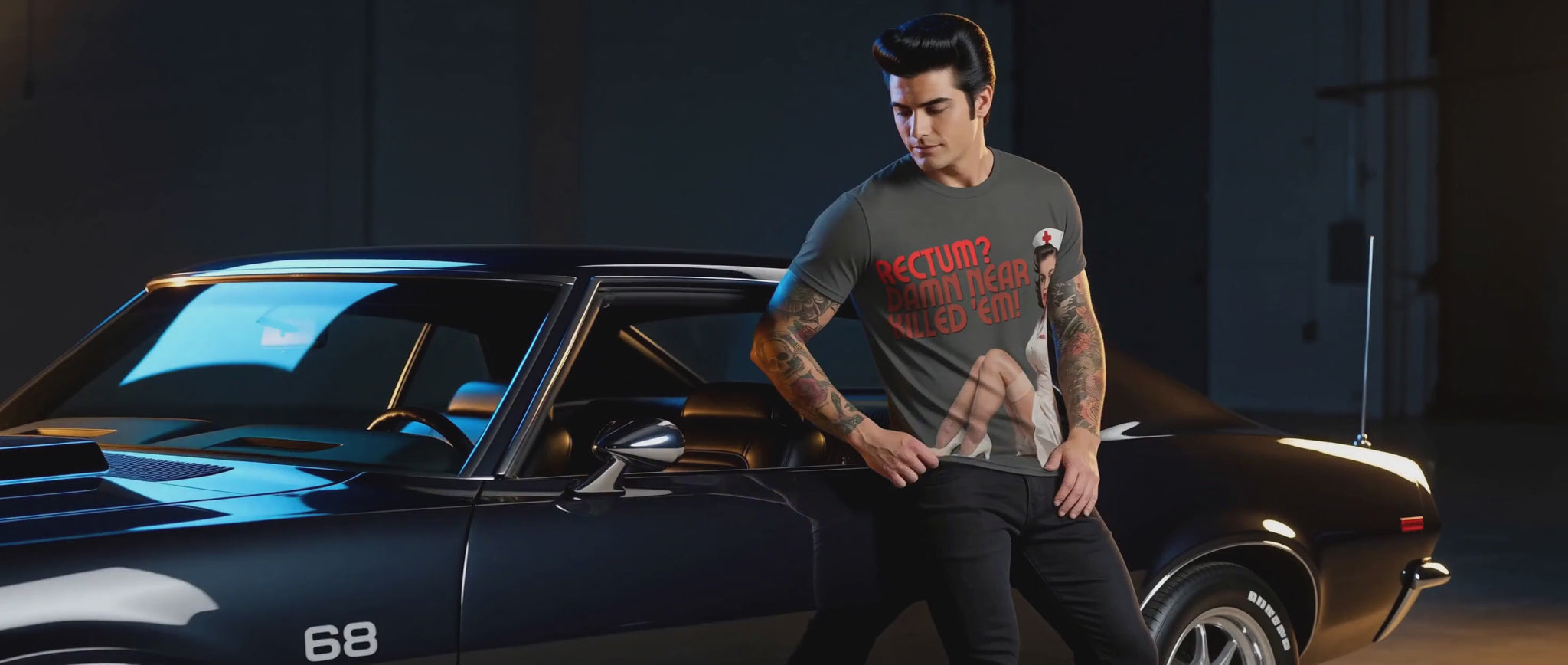 Rectum? Damn Near Killed 'Em! Men's Athletic T-shirt video: a model leans on a black 1968 muscle car in a studio wearing the charcoal tee