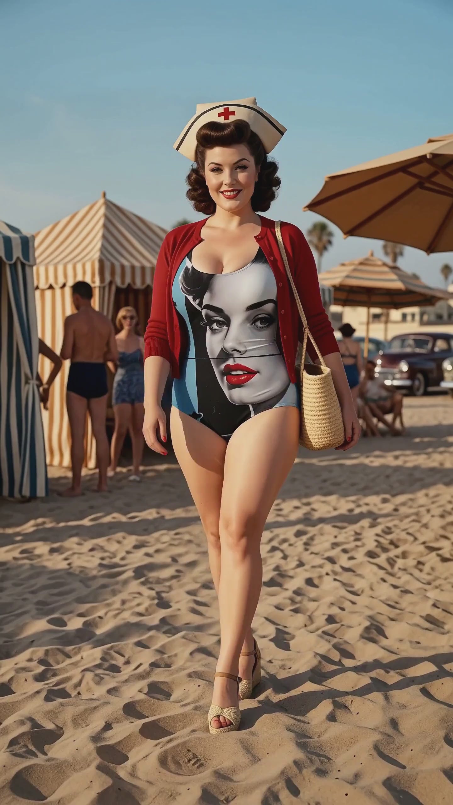 Off-Duty Nurse Pin-Up One-Piece Swimsuit video: a 1950s-styled model in a nurse cap and red cardigan walks a busy beach in the swimsuit