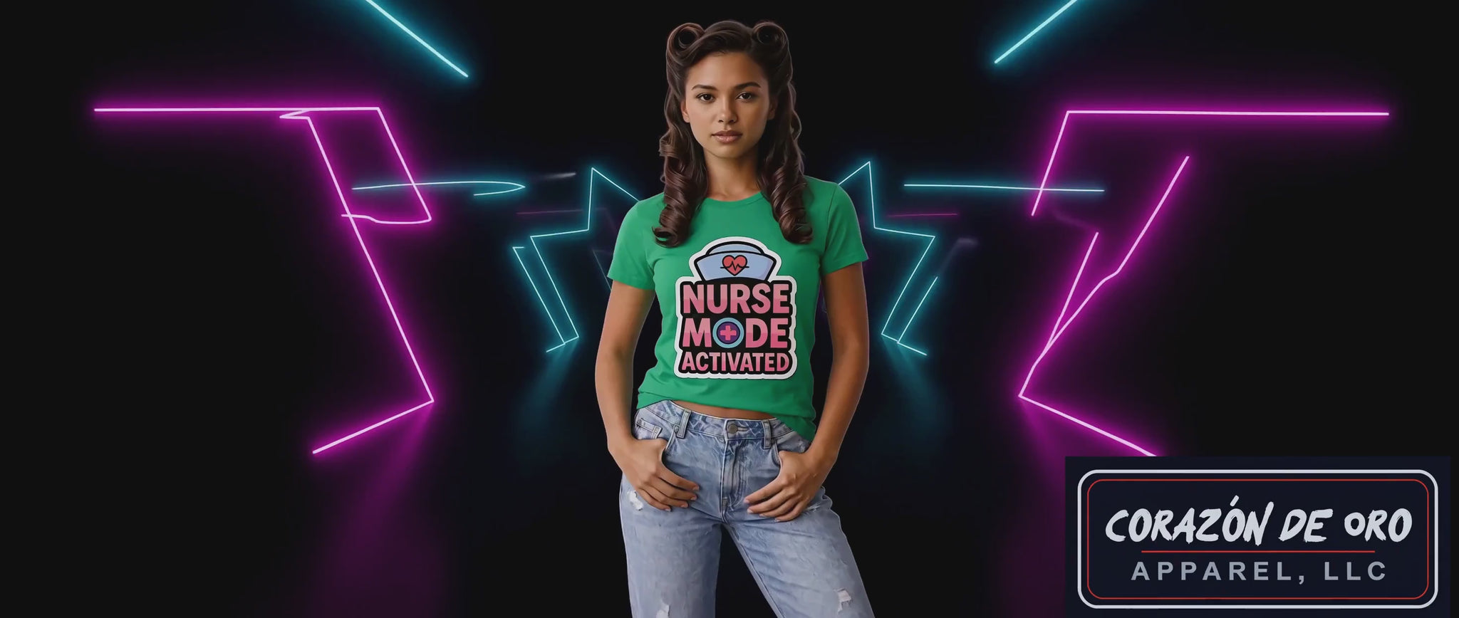 Nurse Mode Activated Women's Softstyle T-Shirt video: a model in the tee framed by neon tube lighting
