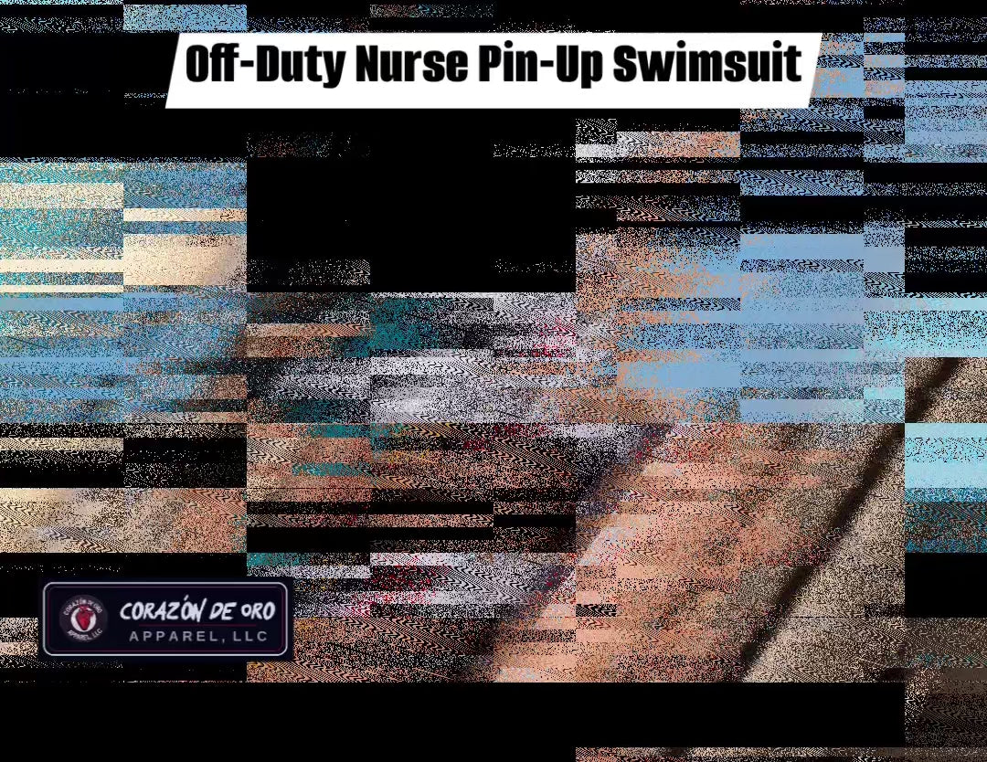 Off-Duty Nurse Pin-Up One-Piece Swimsuit silent video: after a glitch-cut intro, a curvy 1950s-styled model walks a wooden beach boardwalk in the pin-up print, captioned Off-Duty Nurse Pin-Up Swimsuit with the Corazón De Oro Apparel logo