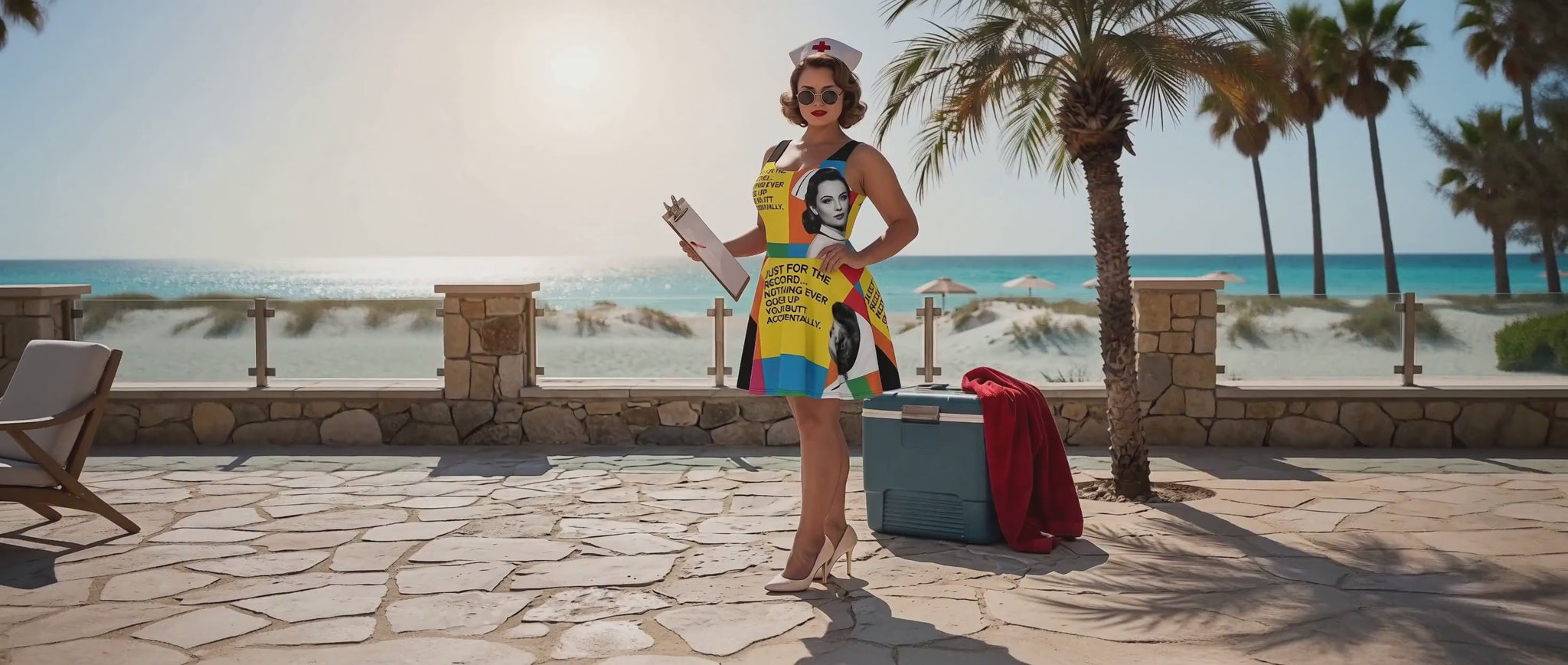 Just For The Record Retro Nurse Skater Dress video: a model in the printed dress posing by a palm-lined pool with a vintage suitcase