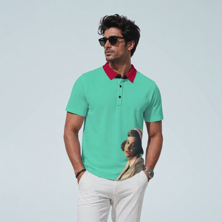 Cosmic Nurse men's polo shirt, front view video: the model shifts and turns, showing the contrast collar, the three-button placket and the 1940s nurse printed over the hip