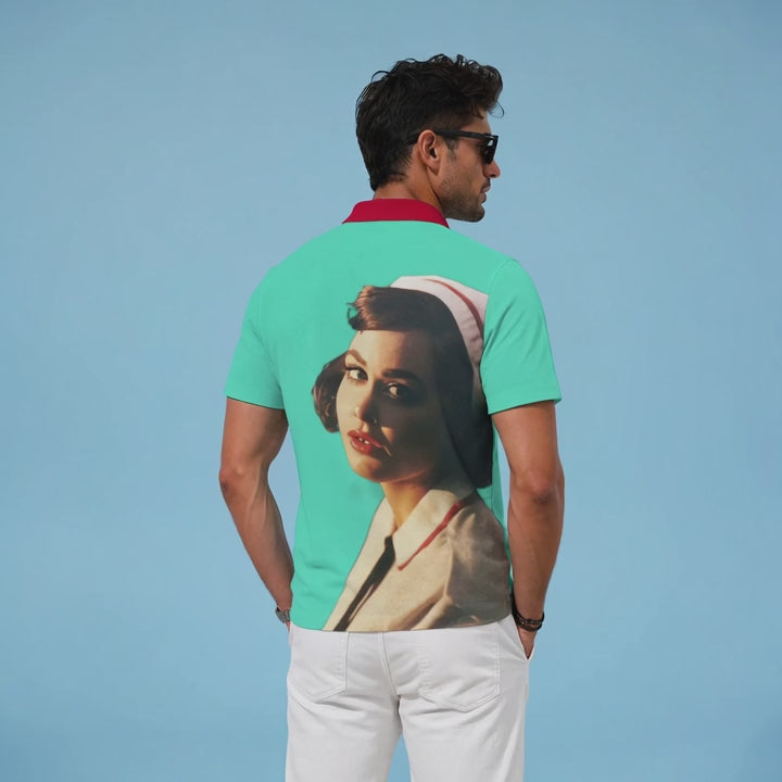 Cosmic Nurse men's polo shirt, back view video: the model stands with his hands in his pockets and turns his head over his shoulder while the 1940s nurse prints large across the whole back