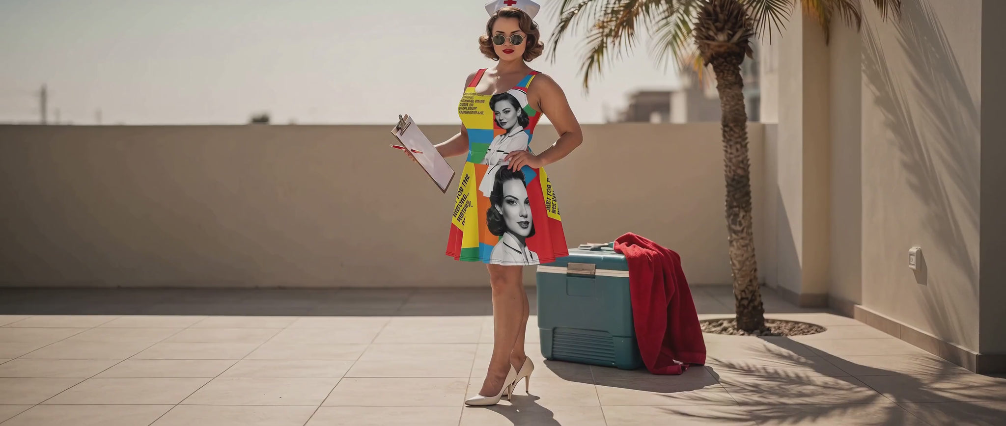 Just For The Record Retro Nurse Skater Dress video: a model in the printed dress walking a sunlit terrace beside a vintage suitcase