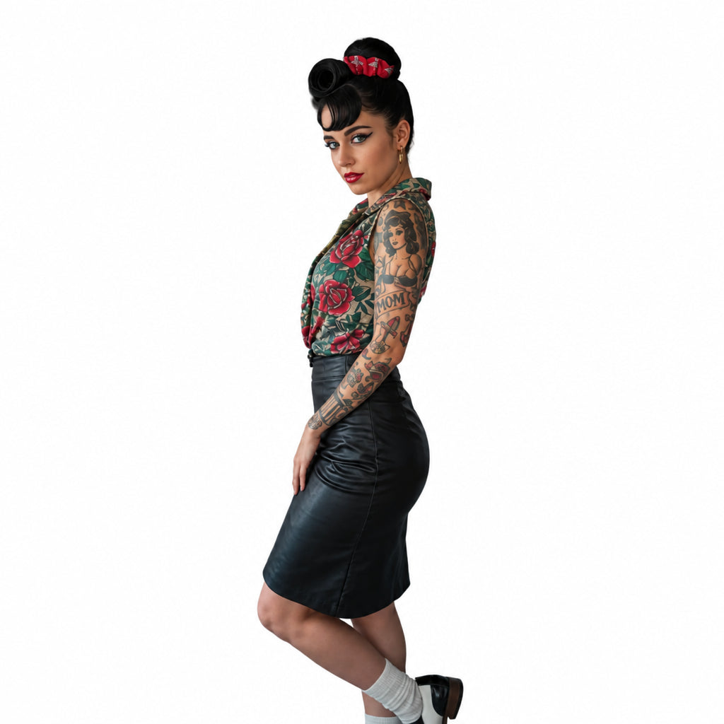 Model wearing the Medical Caduceus scrunchie in a styled updo, side view
