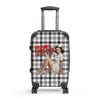 Rectum? Damn Near Killed 'Em! carry-on suitcase, front view: lettering and a pin-up nurse on a black-and-white plaid shell