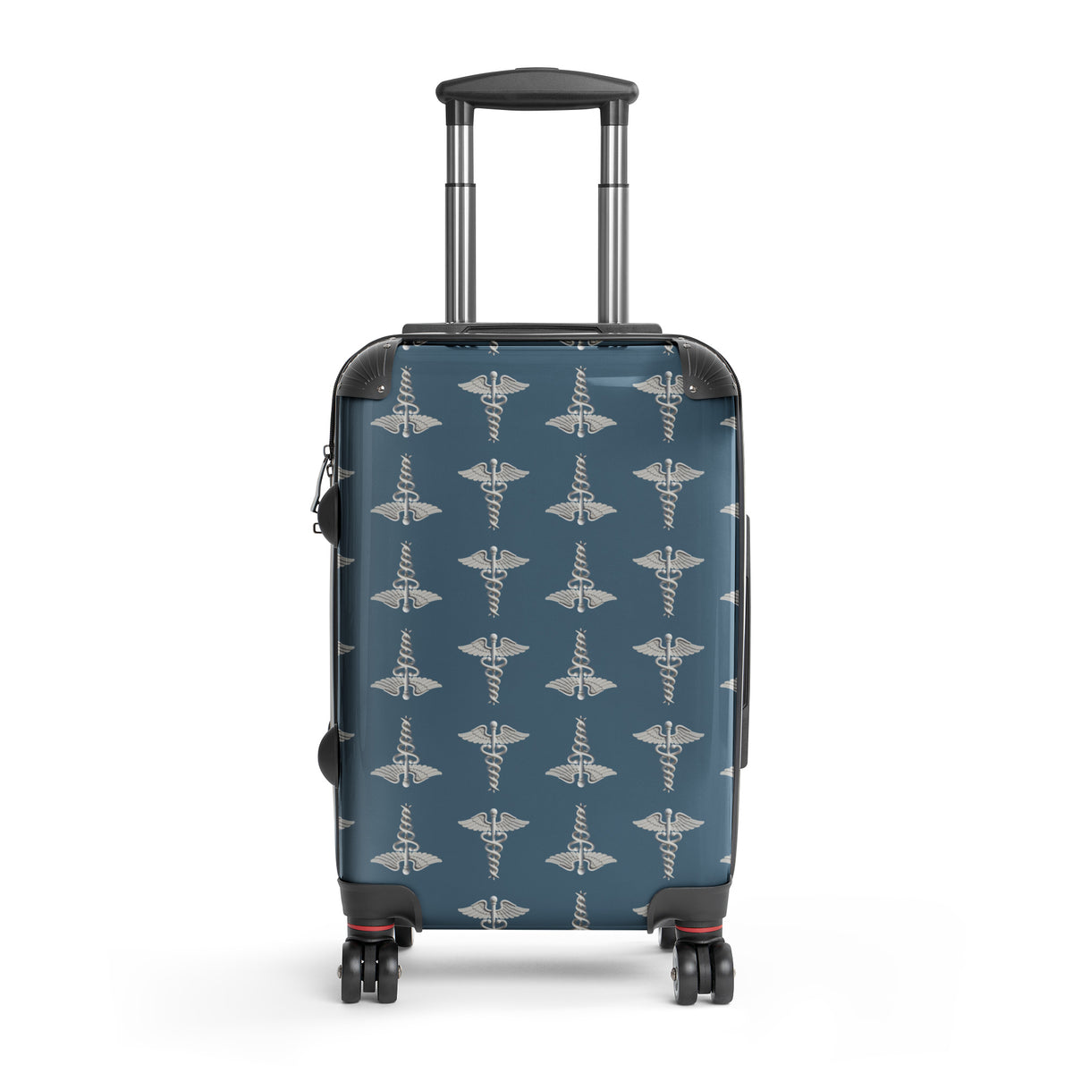 Medical Caduceus Hard-Shell Suitcase, small carry-on, front view: caduceus pattern on an ocean blue polycarbonate shell