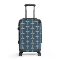 Medical Caduceus Hard-Shell Suitcase, small carry-on, front view: caduceus pattern on an ocean blue polycarbonate shell