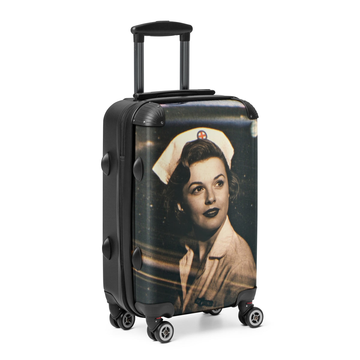 Nurse Jane Hard-Shell Carry-On Suitcase, angled right view of the sepia 1940s nurse portrait on the front shell