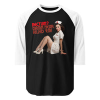 Rectum? Damn Near Killed 'Em! 3/4 Sleeve Raglan Shirt, black body with white sleeves, flat front view