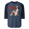 Rectum? Damn Near Killed 'Em! 3/4 Sleeve Raglan Shirt, heather denim body with navy sleeves, flat front view