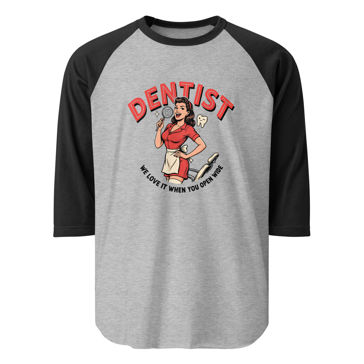 Dentist: We Love It When You Open Wide 3/4 Sleeve Raglan in heather grey/black, front view