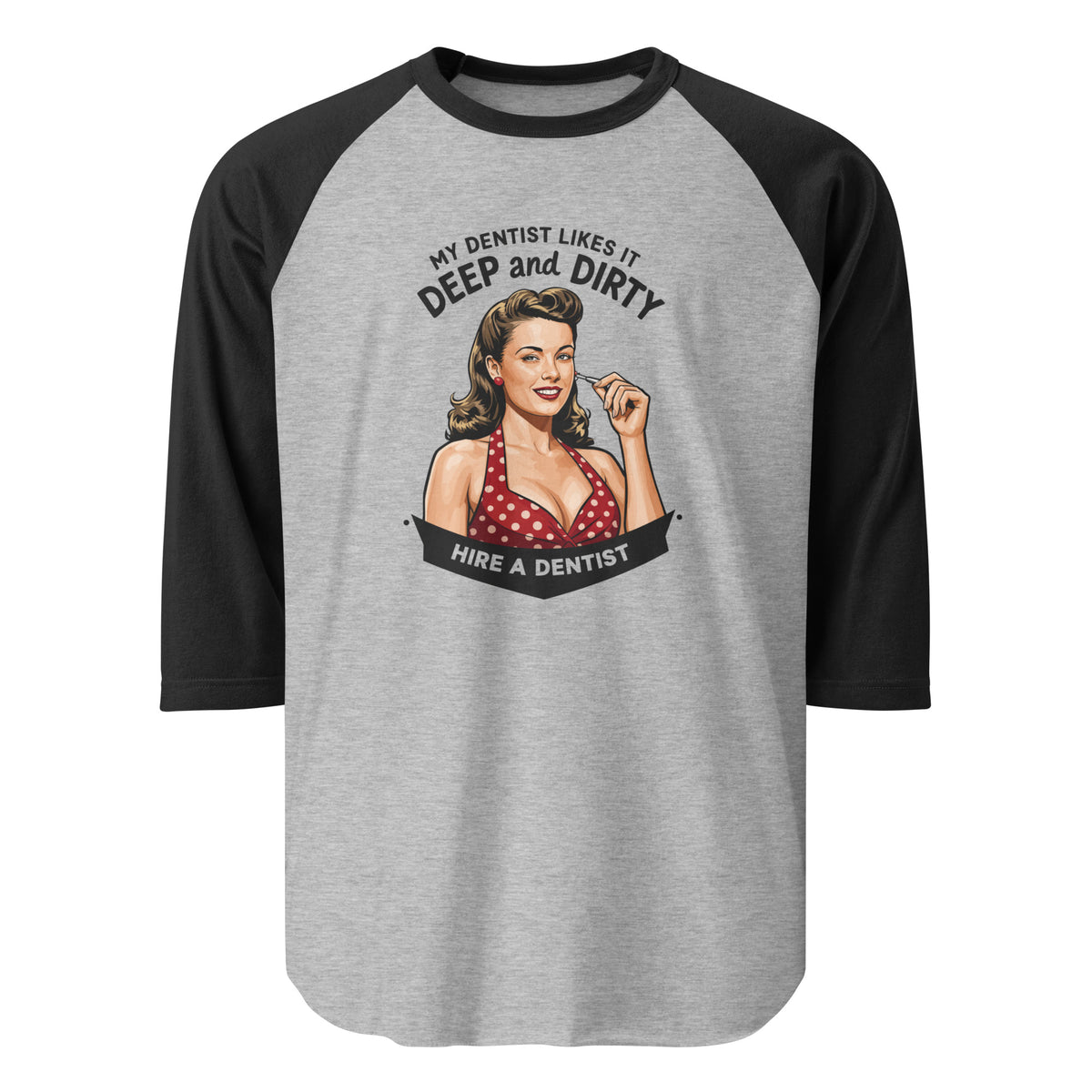 Hire a Dentist: Deep & Dirty 3/4 Sleeve Raglan in heather grey/black, front view