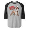 Rectum? Damn Near Killed 'Em! 3/4 Sleeve Raglan Shirt, heather grey body with black sleeves, flat front view