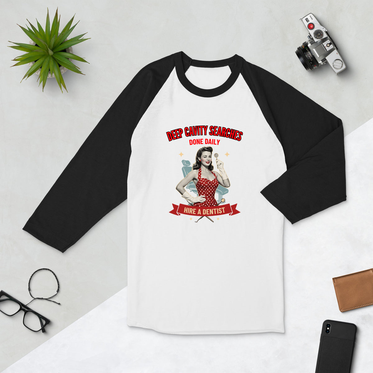 Hire a Dentist: Deep Cavity Searches 3/4 Sleeve Raglan, black front view