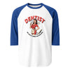 Dentist: We Love It When You Open Wide 3/4 Sleeve Raglan in white/royal, front view