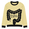 Bruh, Where's My Appendix? knitted sweater in butter yellow with an intestine design, size M, front view