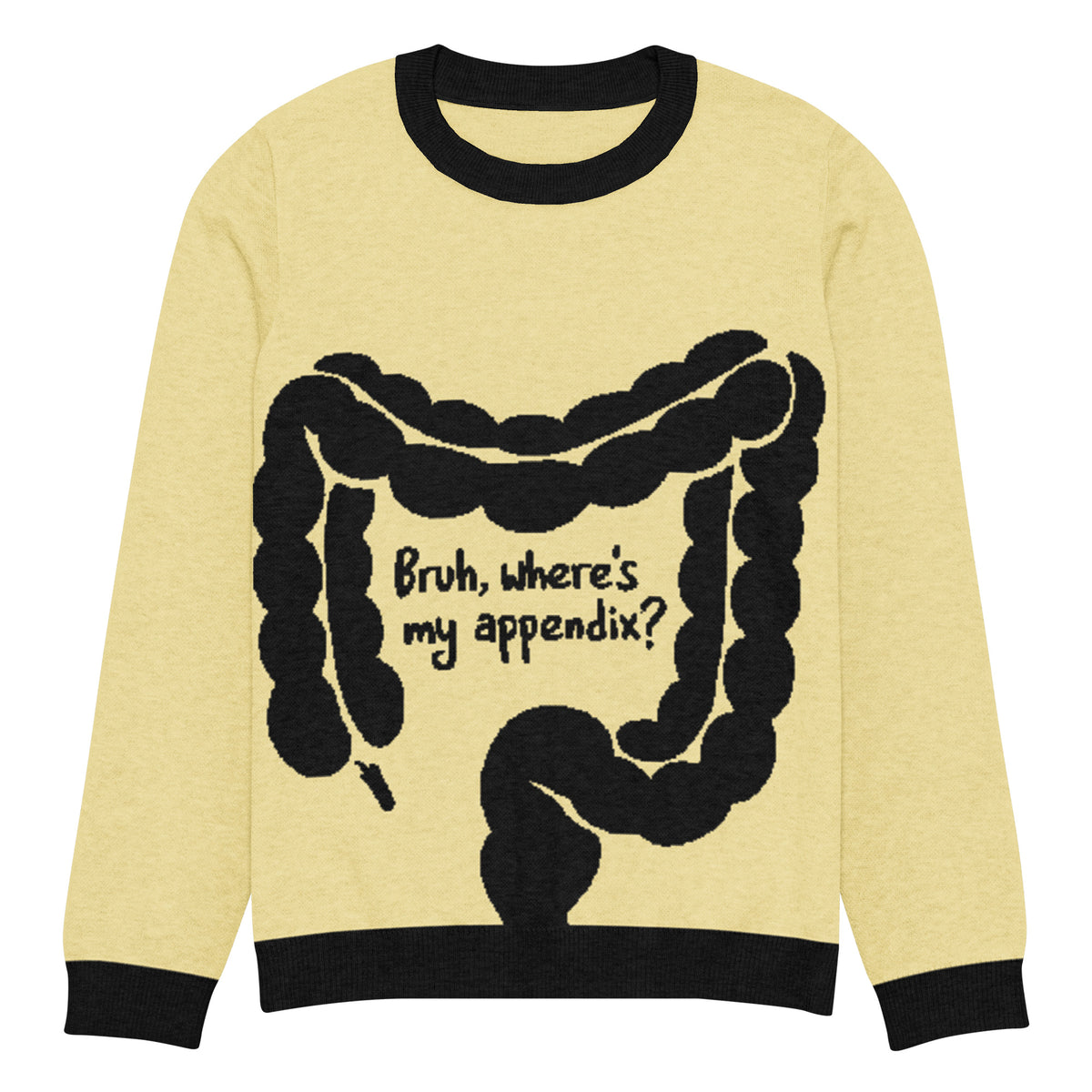 Bruh, Where's My Appendix? knitted sweater in butter yellow with an intestine design, size M, front view