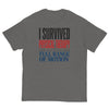 I Survived Physical Therapy, Full Range of Motion unisex t-shirt in charcoal, flat front view