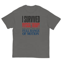 I Survived Physical Therapy, Full Range of Motion unisex t-shirt in charcoal, flat front view