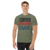 I Survived Physical Therapy, Full Range of Motion unisex t-shirt in military green, front view on model