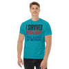 I Survived Physical Therapy, Full Range of Motion unisex t-shirt in tropical blue, front view on model