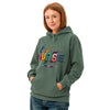 NURSE in glossy multicoloured paint-splash letters on a Blue Spruce garment-dyed unisex hoodie