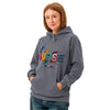 NURSE in glossy multicoloured paint-splash letters on a Denim garment-dyed unisex hoodie