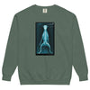 Whose a Bad Doggie X-Ray Unisex Garment-Dyed Sweatshirt in blue spruce, front view, the post-op dog X-ray print