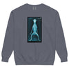 Whose a Bad Doggie X-Ray Unisex Garment-Dyed Sweatshirt in denim, front view, the post-op dog X-ray print