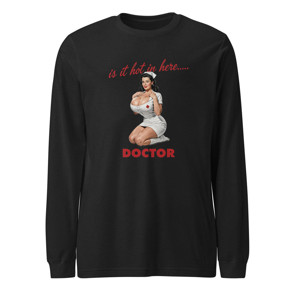 Doctor Is It Hot in Here? Unisex Long Sleeve Tee in black heather, front view