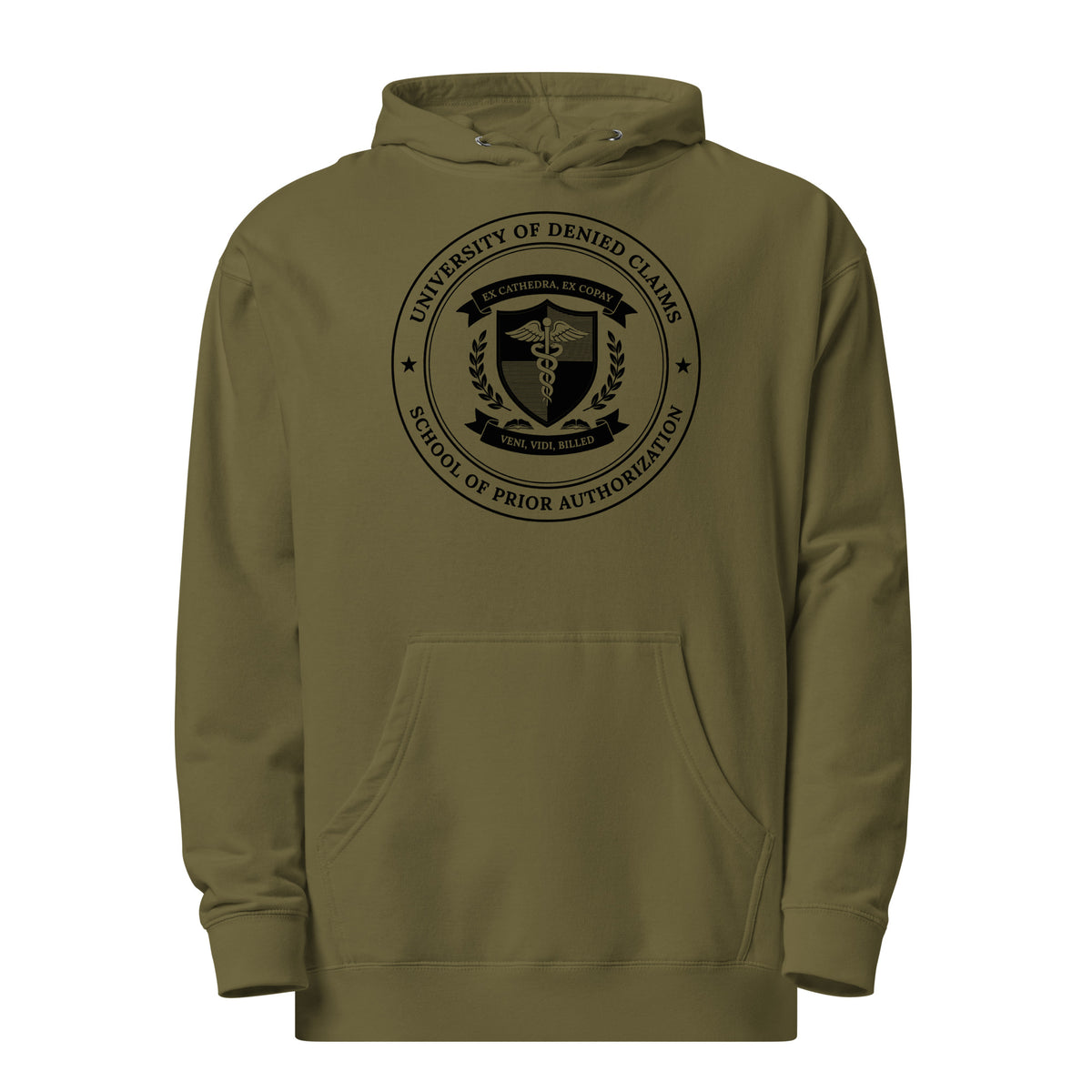 University of Denied Claims collegiate crest on a Army unisex midweight hoodie