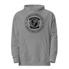 University of Denied Claims collegiate crest on a Gunmetal Heather unisex midweight hoodie
