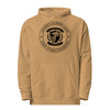 University of Denied Claims collegiate crest on a Sandstone unisex midweight hoodie