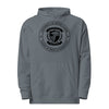 University of Denied Claims collegiate crest on a Storm Blue unisex midweight hoodie