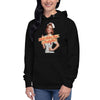 What's Hotter Than a Firefighter? unisex hoodie in Black, worn by a model, front view of the 1950s pin-up nurse standing behind a two-line script banner