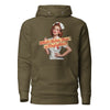 What's Hotter Than a Firefighter? unisex hoodie in Military Green, flat front view of the 1950s pin-up nurse standing behind a two-line script banner
