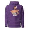 What's Hotter Than a Firefighter? unisex hoodie in Purple, flat front view of the 1950s pin-up nurse standing behind a two-line script banner