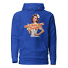 What's Hotter Than a Firefighter? unisex hoodie in Team Royal, flat front view of the 1950s pin-up nurse standing behind a two-line script banner