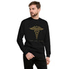 Engraved caduceus over VENI, VIDI, BILLED on a Black unisex fleece sweatshirt