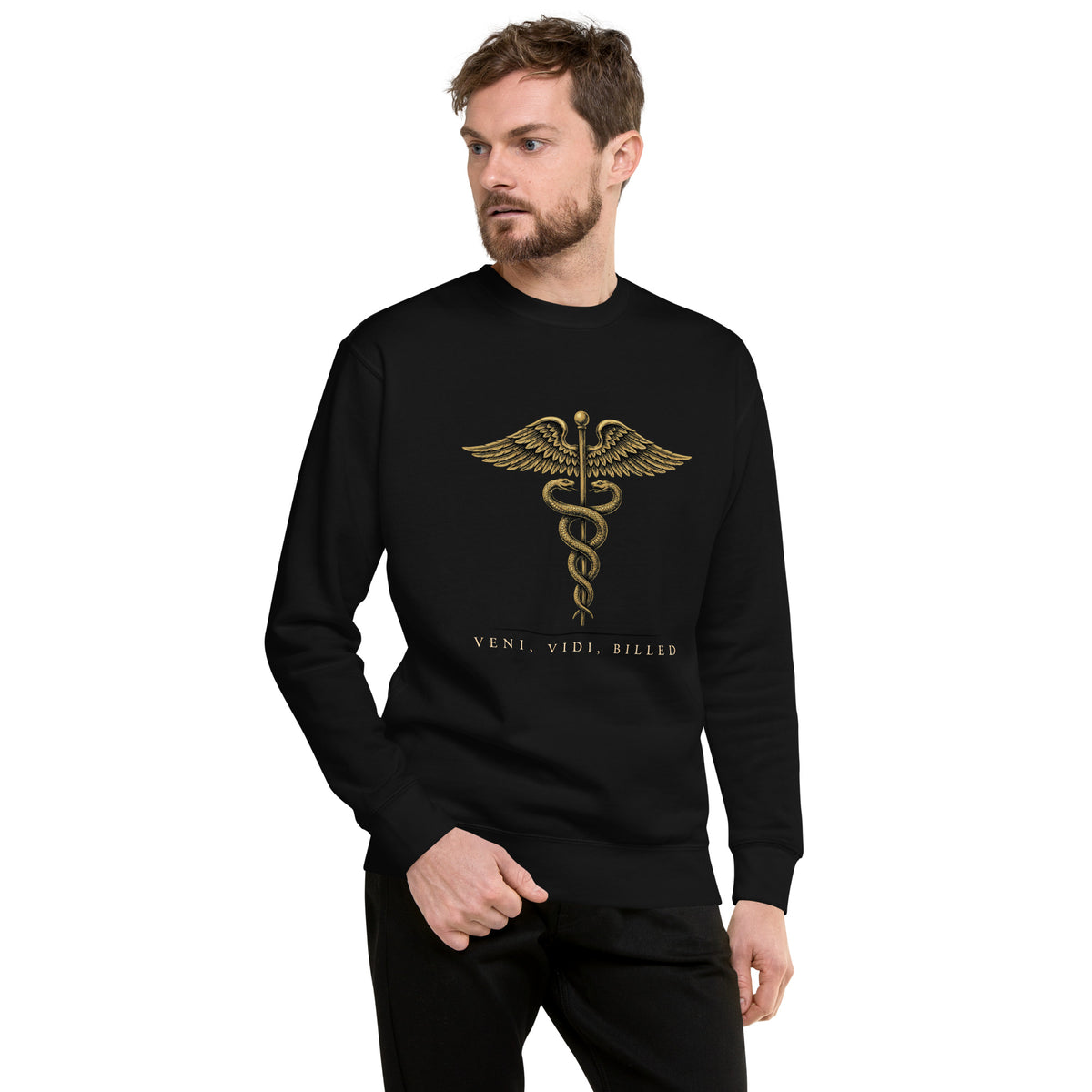 Engraved caduceus over VENI, VIDI, BILLED on a Black unisex fleece sweatshirt