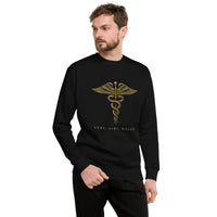 Engraved caduceus over VENI, VIDI, BILLED on a Black unisex fleece sweatshirt