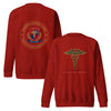 Engraved caduceus over VENI, VIDI, BILLED on a Cardinal unisex fleece sweatshirt