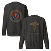 Engraved caduceus over VENI, VIDI, BILLED on a Charcoal Heather unisex fleece sweatshirt