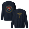Engraved caduceus over VENI, VIDI, BILLED on a Navy Blazer unisex fleece sweatshirt