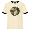 Doc, So… Where's My Appendix? Unisex Ringer T-shirt, natural with black trim, front view with the vintage pin-up nurse circle print