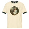 Doc, So… Where's My Appendix? Unisex Ringer T-shirt, natural with forest green trim, front view with the vintage pin-up nurse circle print