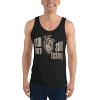 Still Here, Still Ticking anatomical heart tank top in black, front view