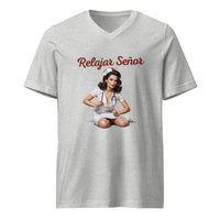 Relajar Señor Unisex Short Sleeve V-Neck T-Shirt in athletic heather, front view
