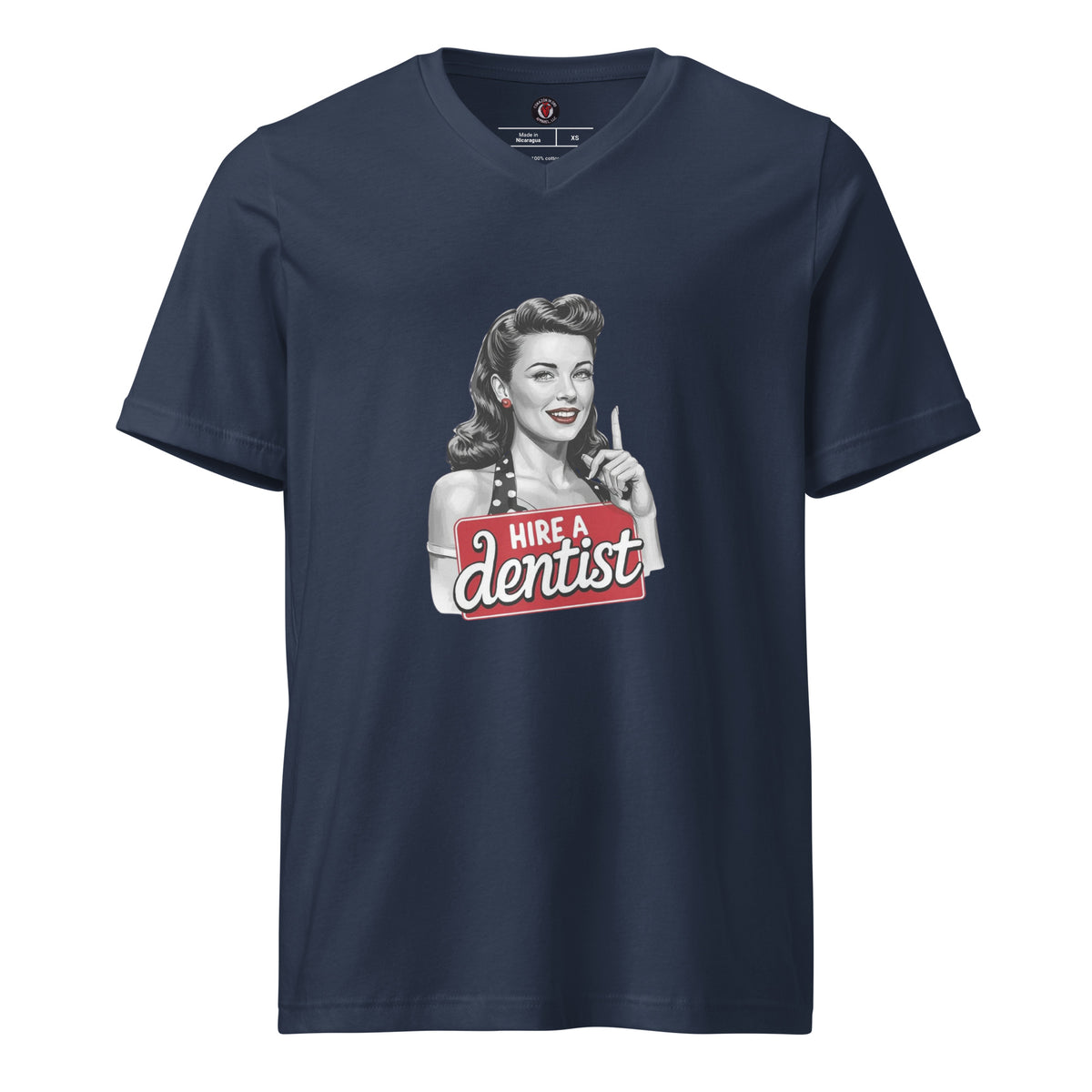 Hire a Dentist Unisex Short Sleeve V-Neck T-Shirt in navy, front view